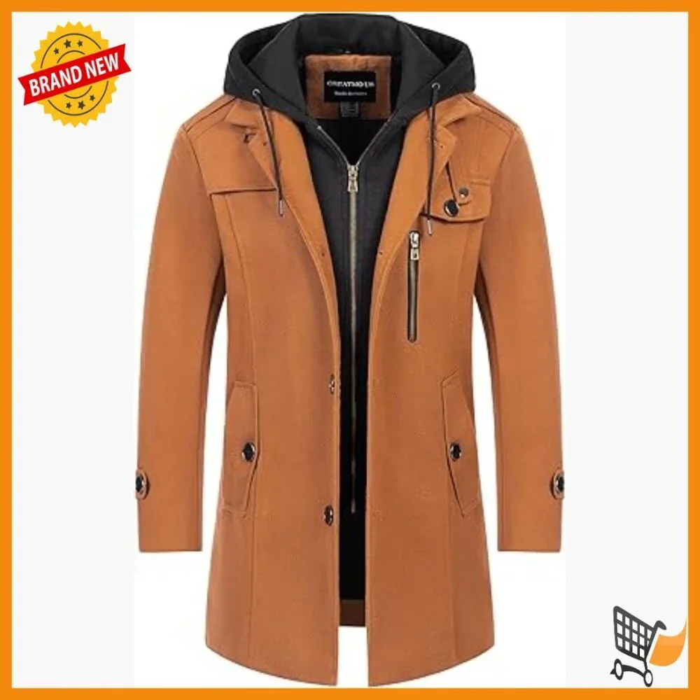 Men's Wool Blend Pea Coat with Detachable Hood, Windproof Overcoat